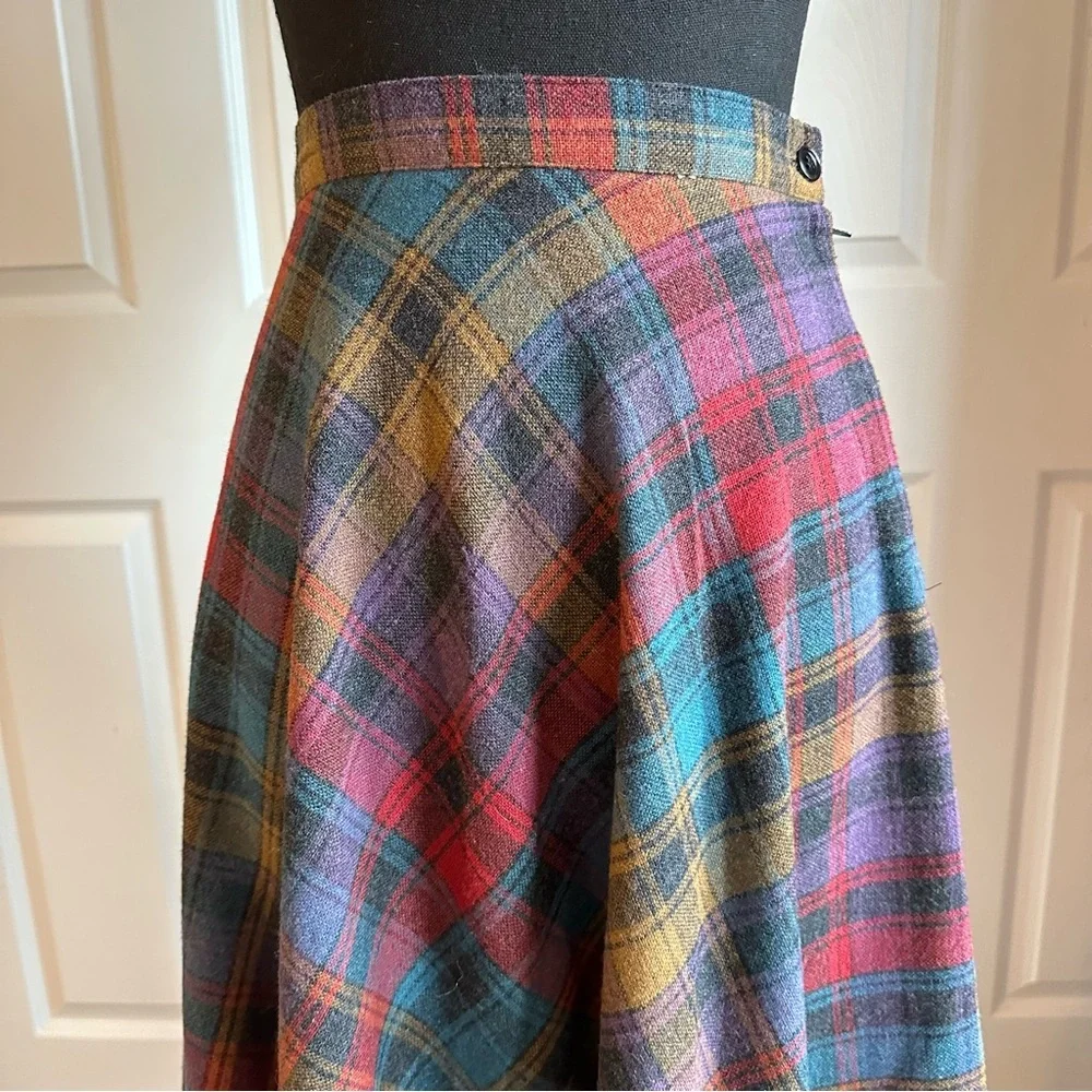 Daniel Place Vintage A-line Pink Teal Purple Mustard Wool Blend Plaid Skirt - Picture 2 of 5